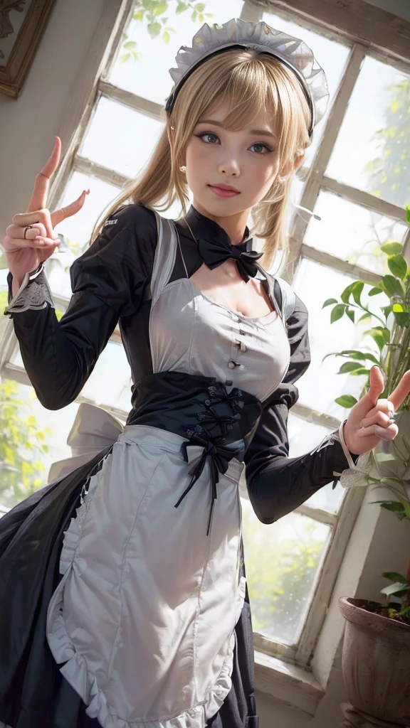 anime character dressed in Maid outfit standing in front of a window, anime girl in a Maid costume, Maid outfit, gorgeous Maid, Maid, Beautiful and detailed anime art, Maid dress, anime cat girl in a Maid costume, loli in dress, a Maid in a magical forest, Catboy Cosplay! Maid! dress, From Girls Frontline, wearing Maid uniform, (((Fuck you with your middle finger:1.5))), (Detailed hands and fingertips:1.1), (Detailed eyes and face:1.2), (Perfect Anatomy:1.2), (Blonde Hair:1.2), Beautiful breasts, flower pot, ribbon, (Beautiful Face, :1.2, Idol Face), Slender body line, Small and slender figure, (Highest quality, 8k, masterpiece:1.2), Ultra-detailed, (Reality:1.4), Narrow waist