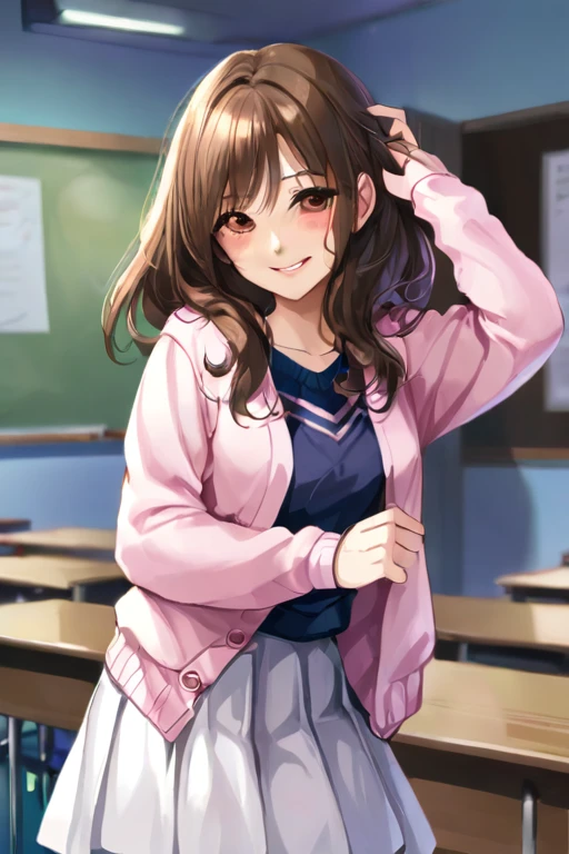 A beautiful young student girl smiling, long brown curls, light brown eyes, white skirt, pink cardigan, in a classroom