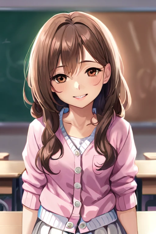 A beautiful young student girl smiling, long brown curls, light brown eyes, white skirt, pink cardigan, in a classroom