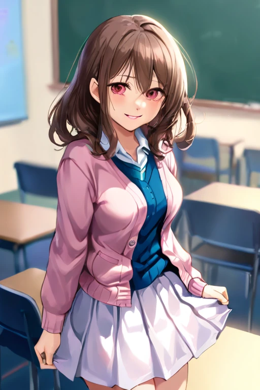 A beautiful young student girl smiling, long brown curls, light brown eyes, white skirt, pink cardigan, in a classroom