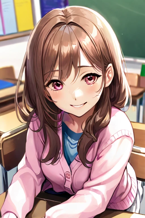 A beautiful young student girl smiling, long brown curls, light brown eyes, white skirt, pink cardigan, in a classroom