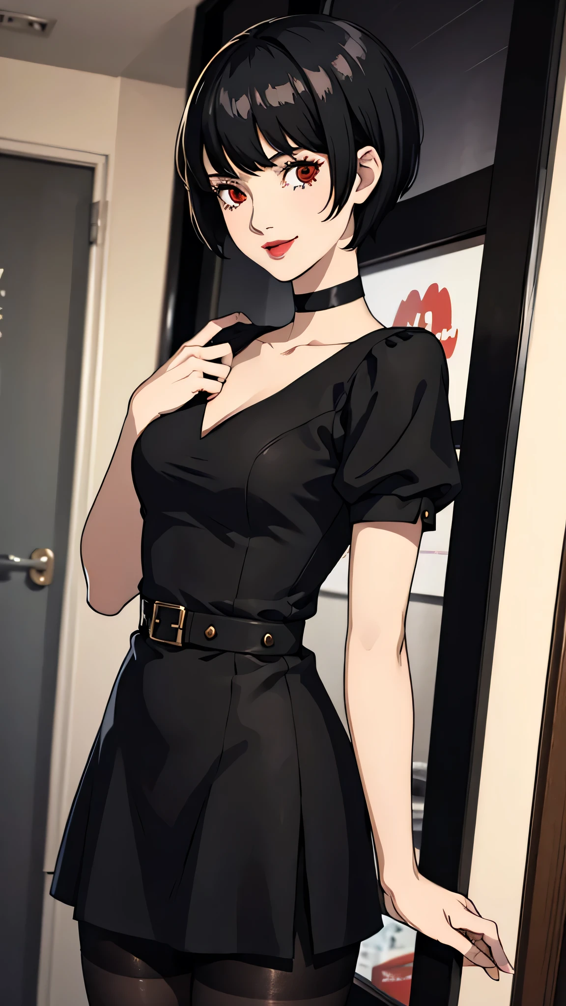 1 girl, Red eyes, very Short hair, black choker, lipstick, smile, black hair, female , tomboy Pixie haircut, dress, pantyhose, cowboy shot, 