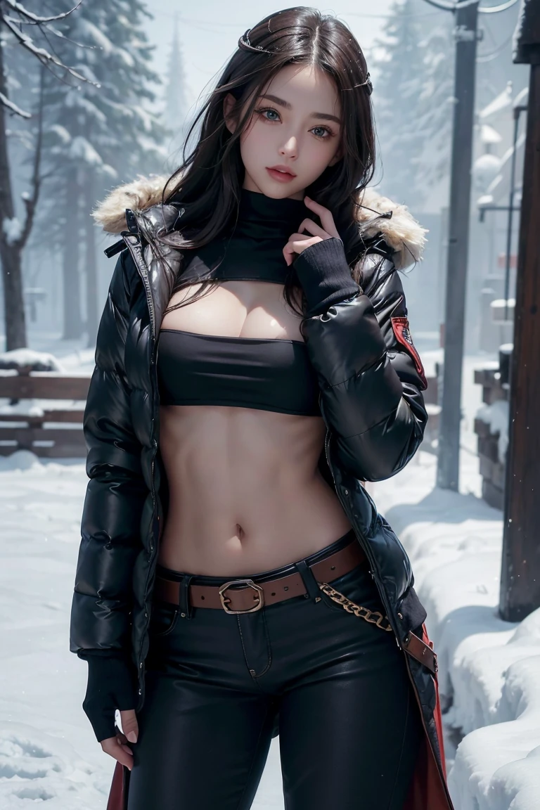 girl in winter scene, Chest-length down jacket, Exposed lower abdomen,Sexy abs,Low-rise pants, Metal belt,cowboy shot, The abdomen is completely exposed, Detailed facial features, beautiful eyes, Lips, and long eyelashes, Reality, 8K, Very detailed, Studio Lighting, Dramatic Lighting, Vibrant colors, work, Cold winter atmosphere