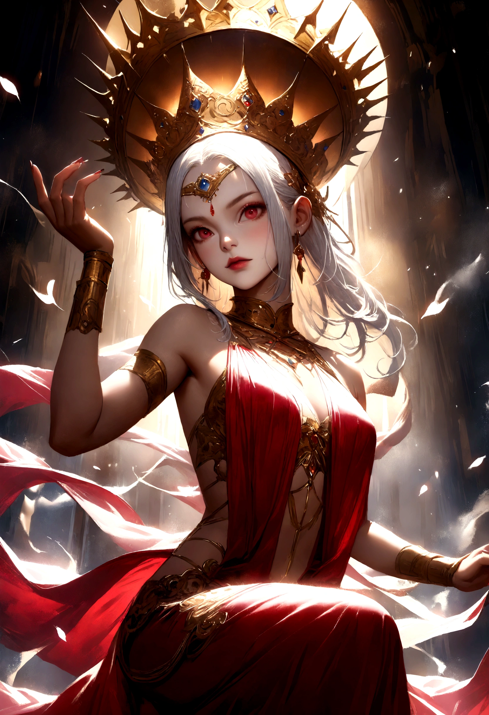 ((masterpiece、Highest quality、Realistic、Ultra-detailed、High resolution、Photorealistic、Sharp focus、Cinematic lighting))、Stunning portrait of a beautiful woman、Face Light、High brightness、Front lighting、(Complex and beautiful features、Brown Skin、Attractive body)、Modern Indian Goddess、(Transparent Red Sari)、Dynamic pose、crown、Rich colors、Heavenly Goddess、Look at the viewers、Detailed hand drawing、Fantasy