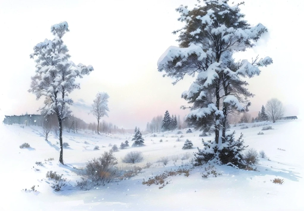 A painting,Depicting a group of trees in a field,Sky in the background, Ink Painting,Ink Painting, Ink Painting, Ink Painting, Ink Painting,White bird on the tree,Warm sun in winter,Lighter color!!Snow scenery,Snow in winter,Small snowflakes in the sky