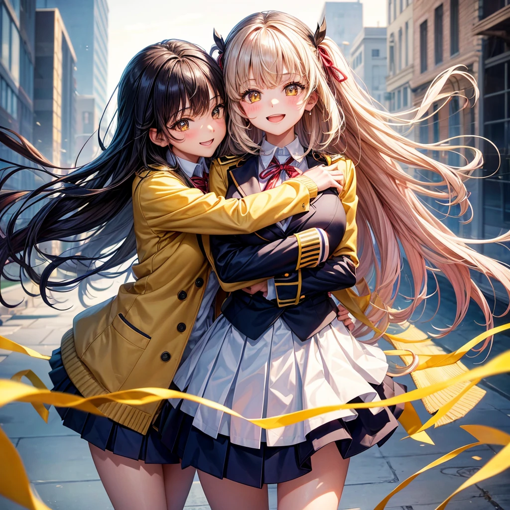 best quality,8K,smile,blazer,20 girls,ribbon on uniform,chool Graduation Ceremony,middle School girls,Girl groupultiple girls are depicted,Harem,idol group,photo shoot,long hair,wearing a cardigan,highest quality,big breasts,happy girl,horny girl,yellow eyes,perfect face,standing position,girls hugging each other,letting down one's bangs,beautiful eyes,corridor,girls hugging each other,smooth hair,multicolored hair colors,naughty girl,beautiful girl,beautiful girl,loose socks