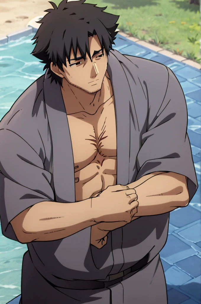 Kiritsugu is sleeping shirtless. Muscles, big pecs, hairy and sweating chest 
