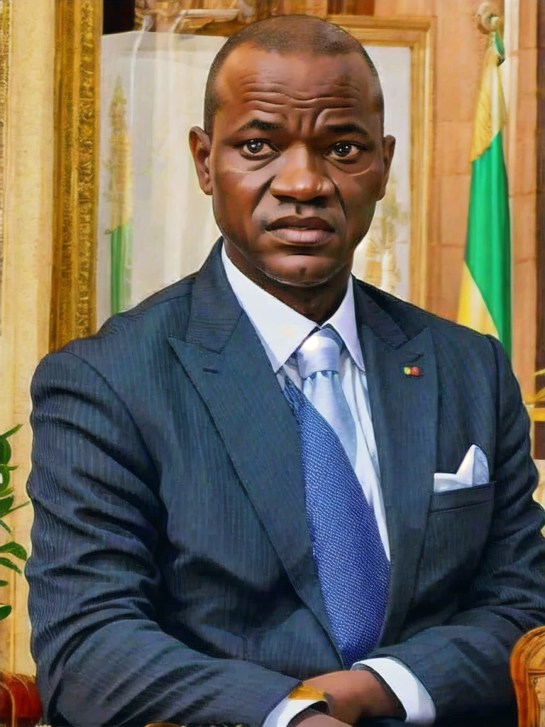 Detailed and realistic portrait of African President Oligui in black suit, shaved head with white background, dessin au trait ; encre fine, Style bande dessinée, Magnifique dessin au trait, Style bande dessinée, soft, dim light, 8k
