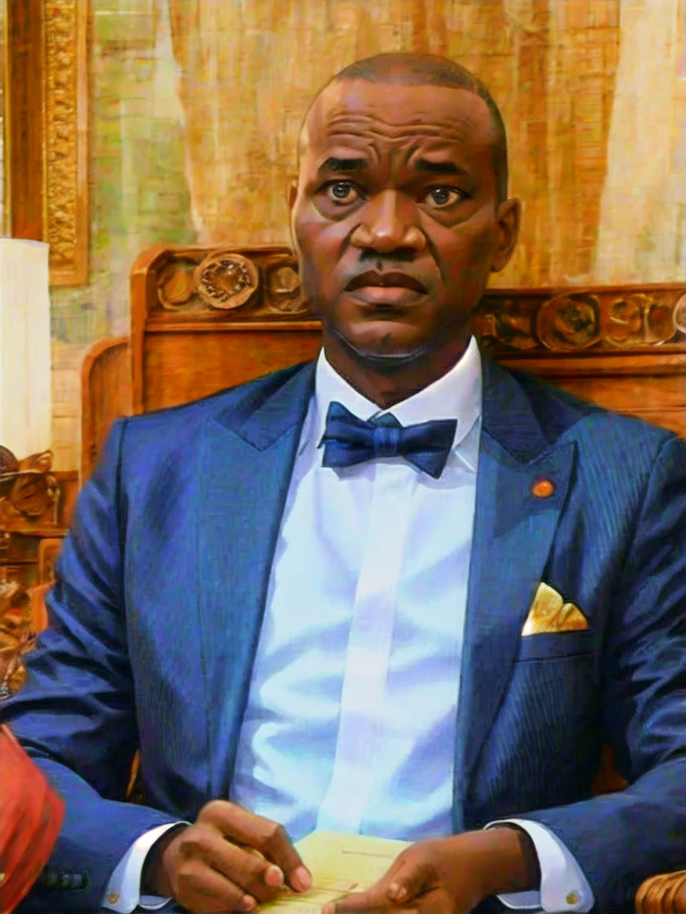 Detailed and realistic portrait of African President Oligui in black suit, shaved head with white background, dessin au trait ; encre fine, Style bande dessinée, Magnifique dessin au trait, Style bande dessinée, soft, dim light, 8k
