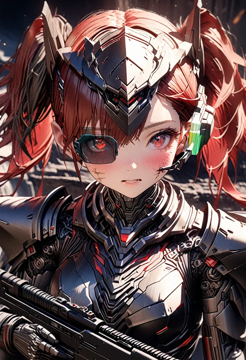 3D digital art from the fantasy world, 1girl, robot girl, red hair, twin tails, red eyes, white and gray camouflage clothing, she wearing flashy robot armor, (holding long range rifle:1.2), a robot-like helmet on the head, scouter in one eye, the skin on half of the face has peeled off, the base of the cyborg is visible, face full of scars, close up face, shot from an angle,High resolution, high precision images, 4k, 8k, best quality, hyper-detailed, intricate details, cinematic lighting, dramatic colors, concept art style