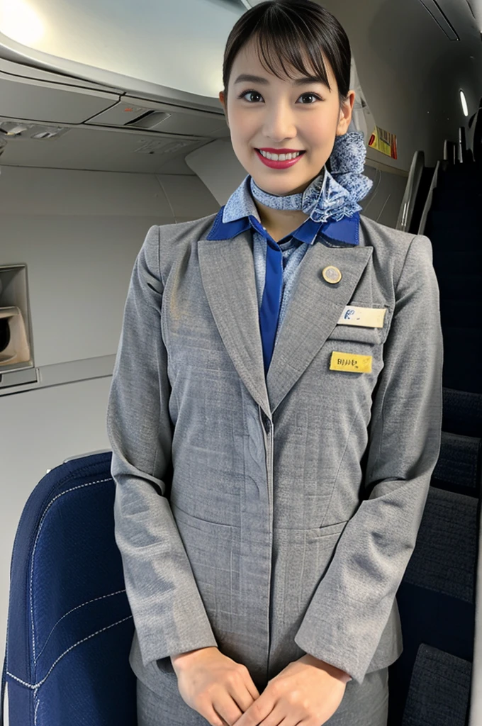(8k、Highest quality、masterpiece:1.2)、(Realistic, photo-Realistic:1.37)、(High color saturation:1.0)、(Very detailed肌)、(Ultra-high resolution:1.0)、(Realistic:1.0)、(Very detailed:1.0)、(RAW Photos:1.1)、Standing pose、smile、Natural Breasts、Perfect lighting、One girl、24 year old Japan girl、((ANA、flight attendant、flight attendantのユニフォーム))、Black pantyhose、(aircraft,、aircraftの座席)、Perfect proportions、Wearing black pumps、Beautiful feet、Set hairstyle、Glossy lips、Simple earrings、Light grey jacket and dark grey skirt、Blue shirt、Blue neck scarf、旅客機の通路に立っているflight attendant、Cabin Crew、Flight Attendant、Boeing 787、(Depth)、(Long Shot)、Detailed face、A wonderful flight