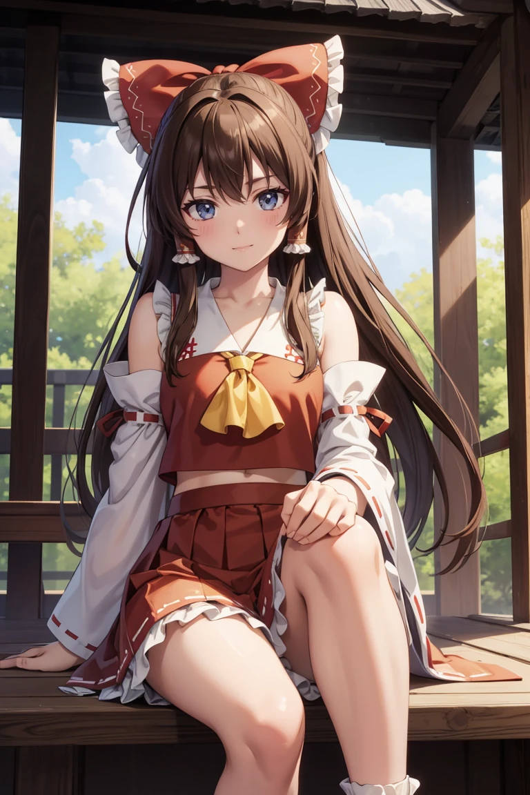 reimu hakurei, (Brown eyes:1.5), Brown Hair, bow, hair bow, Hair Tube, Long Hair, red bow, Side Lock,
Blake Ascot, Bare shoulders,Removable sleeves, embellished costume, Frills, kimono, Non-traditional Shrine Maiden, Red Skirt, Sandals, sarashi, mini skirt, socks, White sleeves, white socks, Wide sleeves, Sit on a chair、Thighs、
BREAK Watch Viewers,
Outdoor rest, shrine,Cowboy Shot,Smile Break (masterpiece:1.2), Highest quality, High resolution, unity 8k wallpaper, (figure:0.8), (Beautiful attention to detail), Highly detailed face, Perfect lighting, Highly detailed CG, (Perfect hands, Perfect Anatomy),Dynamic pose,