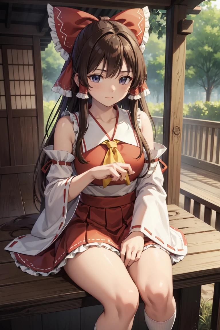 reimu hakurei, (Brown eyes:1.5), Brown Hair, bow, hair bow, Hair Tube, Long Hair, red bow, Side Lock,
Blake Ascot, Bare shoulders,Removable sleeves, embellished costume, Frills, kimono, Non-traditional Shrine Maiden, Red Skirt, Sandals, sarashi, mini skirt, socks, White sleeves, white socks, Wide sleeves, Sit on a chair、Thighs、
BREAK Watch Viewers,
Outdoor rest, shrine,Cowboy Shot,Smile Break (masterpiece:1.2), Highest quality, High resolution, unity 8k wallpaper, (figure:0.8), (Beautiful attention to detail), Highly detailed face, Perfect lighting, Highly detailed CG, (Perfect hands, Perfect Anatomy),Dynamic pose,