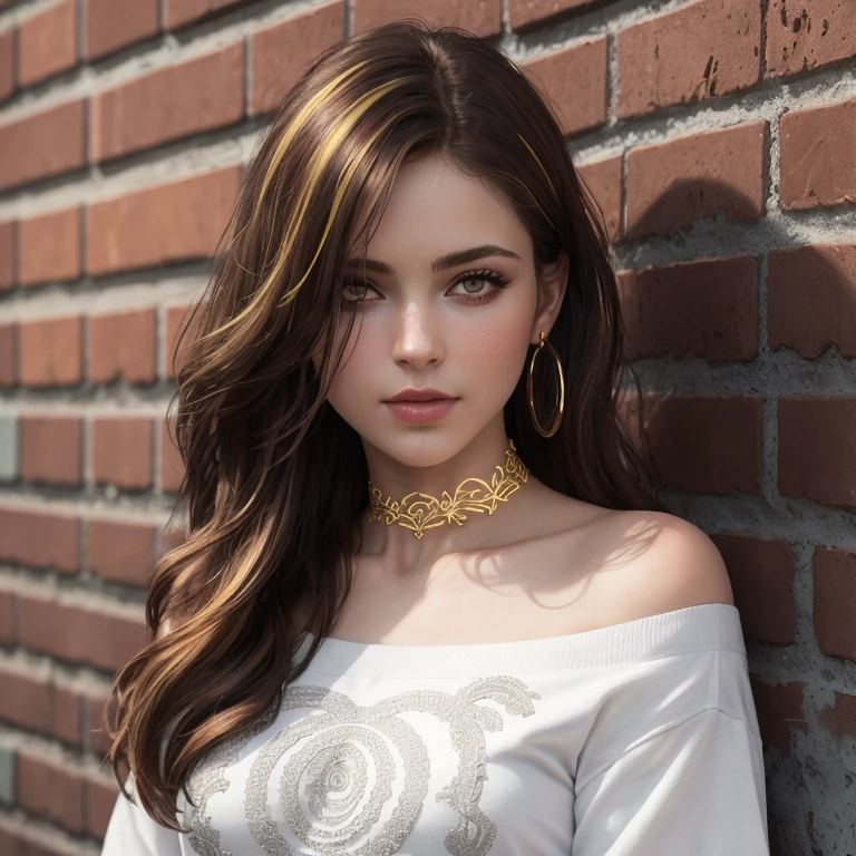 ultra realistic 8k cg, masterpiece, ((ultra detailed background, delicate pattern, intricate detail)), best quality, intricate details, chromatic aberration, 1girl, long hair, golden hair, messy hair, red highlights, hair over one eye, sharp eyes, choker, brick wall, graffiti, dim lighting, alley, oversized shirt,off shoulder, see through white shirt, Masterpiece, best quality