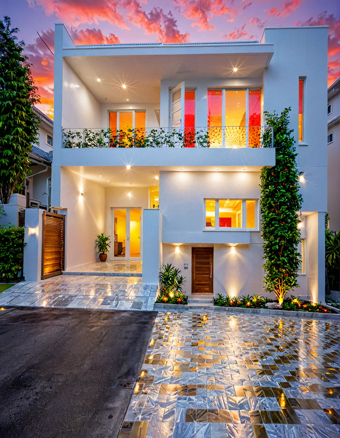 modern townhouse on street, (sunset), tropical tree, vivid colour, streetcapes, white tone, white wall, large glass door, (warm interior lighting:1.2), wood and marble, best quality