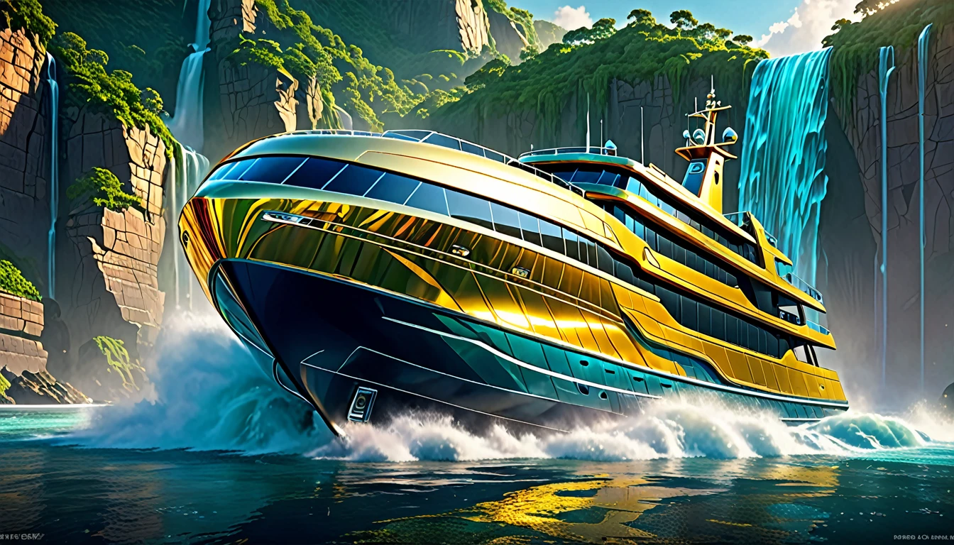 A gleaming, futuristic temporal trawler, its sleek metallic hull shimmering under a cascading waterfall of soft, golden light. This concept art is a digitally rendered painting, showcasing intricate details and vibrant colors that pop off the screen. The trawler's form is a stunning blend of technological innovation and organic curves, evoking a sense of wonder and awe. Its intricate design features glowing neon accents and polished surfaces that reflect the surrounding landscape, creating a mesmerizing visual feast for the eyes. The overall composition is dynamic and immersive, inviting the viewer to imagine the endless possibilities of this fantastical vehicle.