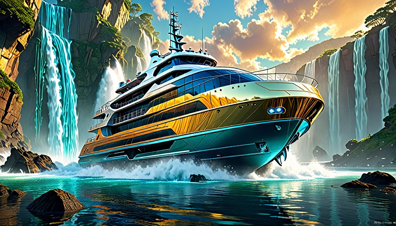 A gleaming, futuristic temporal trawler, its sleek metallic hull shimmering under a cascading waterfall of soft, golden light. This concept art is a digitally rendered painting, showcasing intricate details and vibrant colors that pop off the screen. The trawler's form is a stunning blend of technological innovation and organic curves, evoking a sense of wonder and awe. Its intricate design features glowing neon accents and polished surfaces that reflect the surrounding landscape, creating a mesmerizing visual feast for the eyes. The overall composition is dynamic and immersive, inviting the viewer to imagine the endless possibilities of this fantastical vehicle.