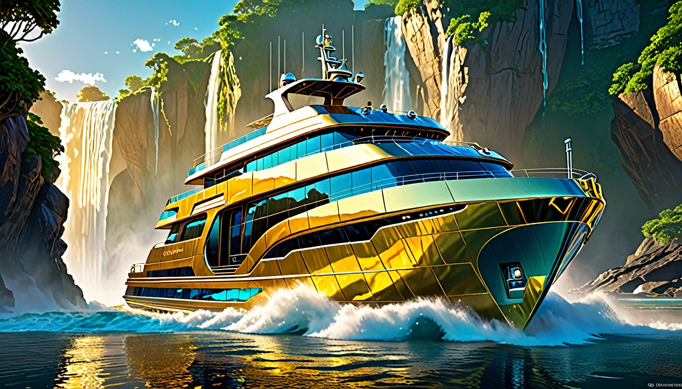 A gleaming, futuristic temporal trawler, its sleek metallic hull shimmering under a cascading waterfall of soft, golden light. This concept art is a digitally rendered painting, showcasing intricate details and vibrant colors that pop off the screen. The trawler's form is a stunning blend of technological innovation and organic curves, evoking a sense of wonder and awe. Its intricate design features glowing neon accents and polished surfaces that reflect the surrounding landscape, creating a mesmerizing visual feast for the eyes. The overall composition is dynamic and immersive, inviting the viewer to imagine the endless possibilities of this fantastical vehicle.