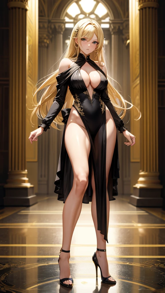 Blonde tall muscular beauty,Abdominal muscles,cleavage,Hairpin,Black evening gown,Bare Legs,high heels,Standing,palace