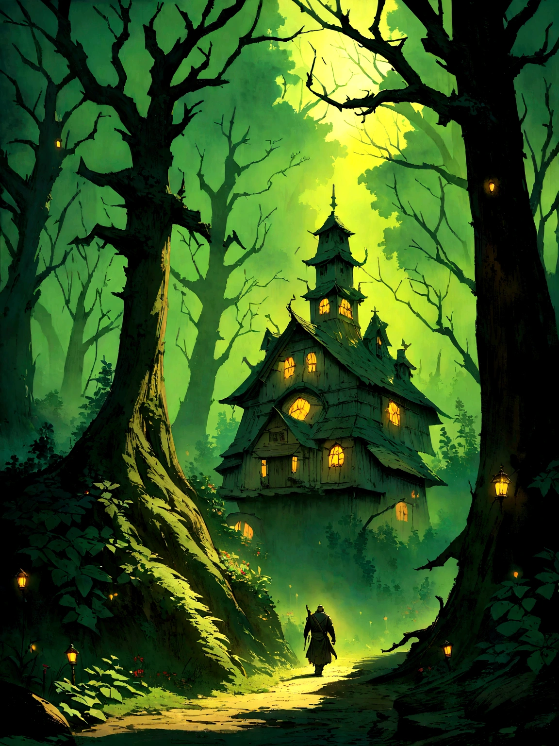 there is a solo man walking in the woods with a backpack, old house, stefan koidl inspired, bussiere rutkowski andreas rocha, by maxim verehin, inspired by maxim verehin, inspired by Tomasz Jedruszek, dark cinematic concept art, eerie nostalgic concept art, inspired by Igor Kieryluk, inspired by Ismail Inceoglu