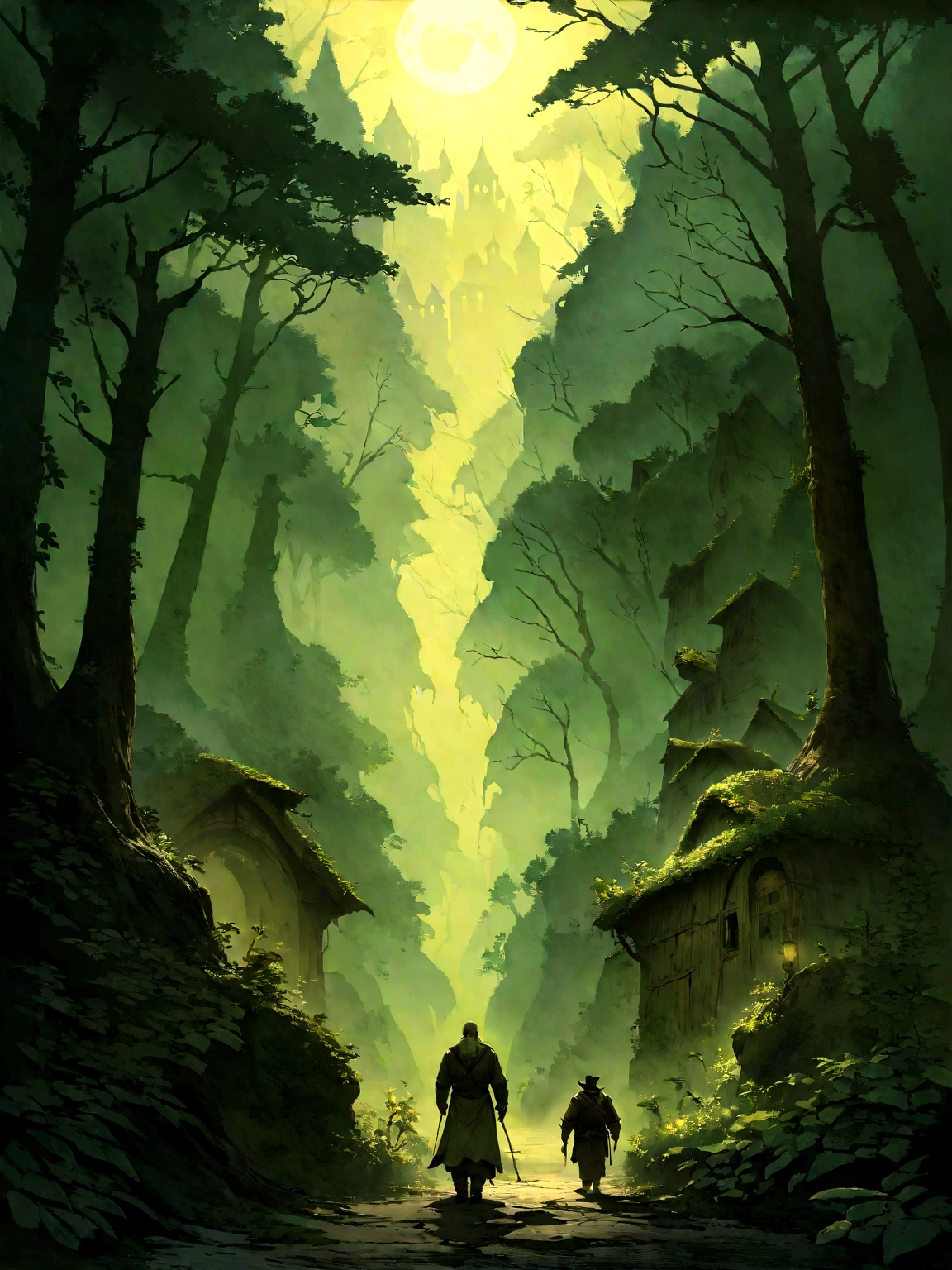 there is a solo man walking in the woods with a backpack, old house, stefan koidl inspired, bussiere rutkowski andreas rocha, by maxim verehin, inspired by maxim verehin, inspired by Tomasz Jedruszek, dark cinematic concept art, eerie nostalgic concept art, inspired by Igor Kieryluk, inspired by Ismail Inceoglu