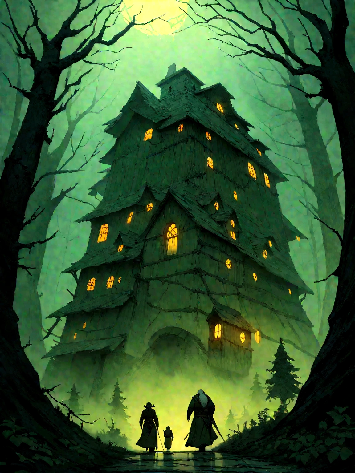 there is a solo man walking in the woods with a backpack, old house, stefan koidl inspired, bussiere rutkowski andreas rocha, by maxim verehin, inspired by maxim verehin, inspired by Tomasz Jedruszek, dark cinematic concept art, eerie nostalgic concept art, inspired by Igor Kieryluk, inspired by Ismail Inceoglu