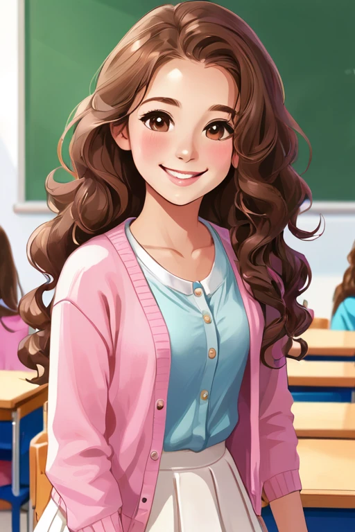 A beautiful young student girl smiling, long brown curls, light brown eyes, white skirt, pink cardigan, in a classroom