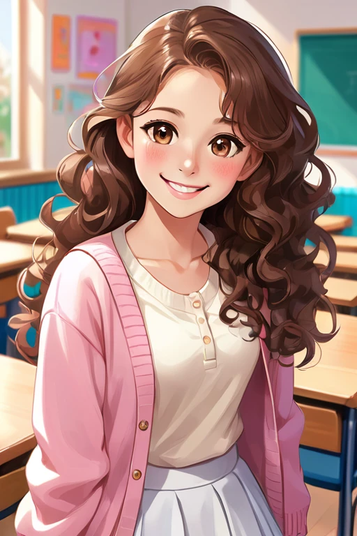 A beautiful young student girl smiling, long brown curls, light brown eyes, white skirt, pink cardigan, in a classroom