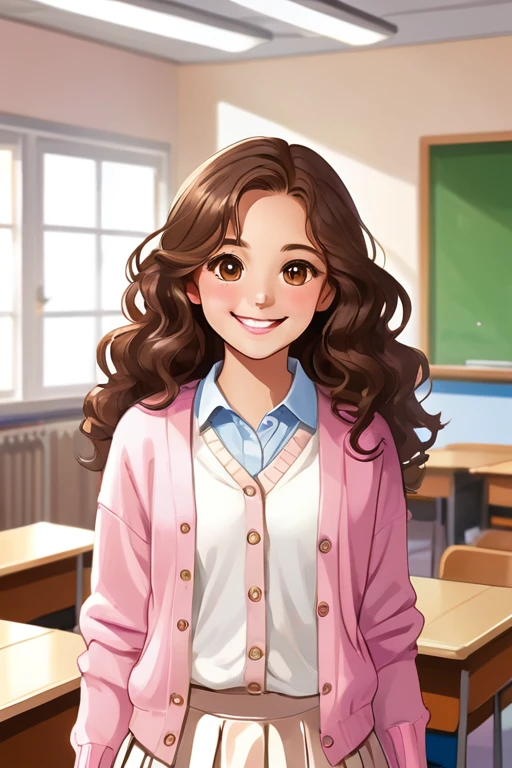 A beautiful young student girl smiling, long brown curls, light brown eyes, white skirt, pink cardigan, in a classroom