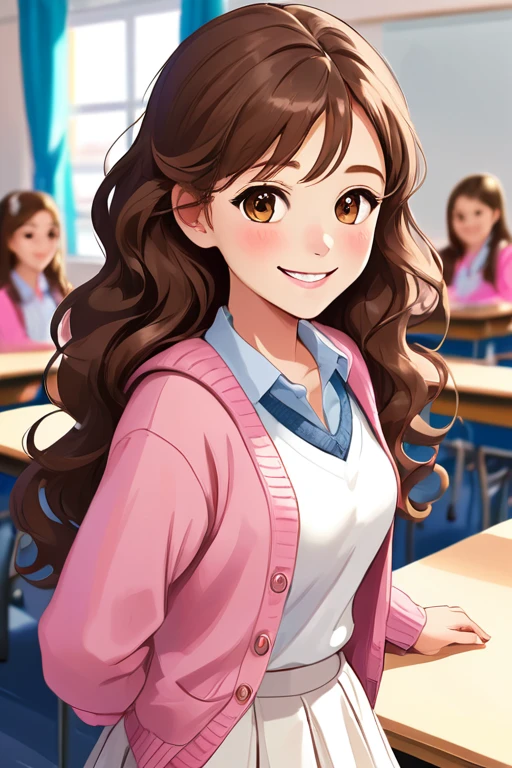 A beautiful young student girl smiling, long brown curls, light brown eyes, white skirt, pink cardigan, in a classroom