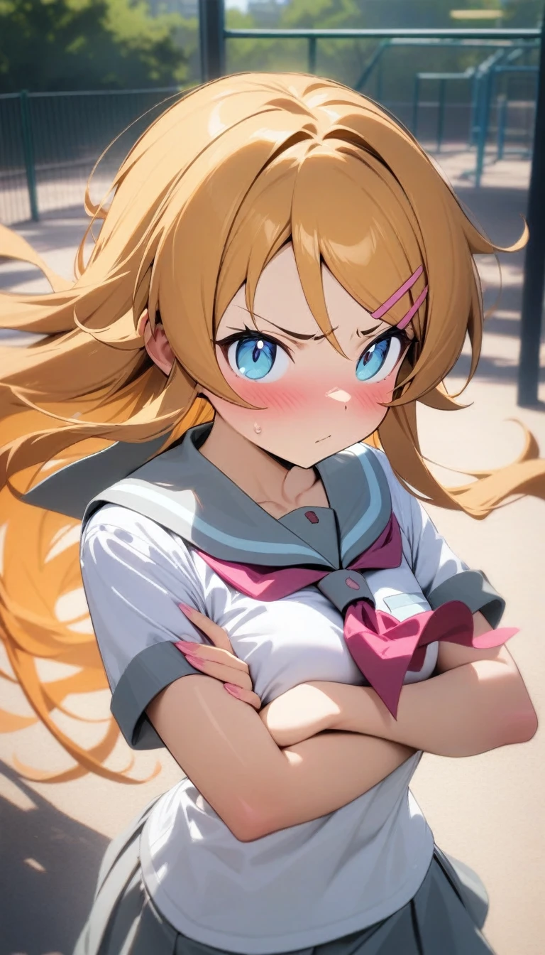 masterpiece, best quality, very aesthetic, absurdres, newest,,kousaka_kirino ,ore no imouto ga konna ni kawaii wake ga nai,1girl,crossed arms,orange hair|brown hair,long hair,floating hair,shiny hair,blue eyes|aqua eyes,(pink hairclip),badmood,white shirt,(gray sailor collar|blue sailor collar),red ascot,,in a playground