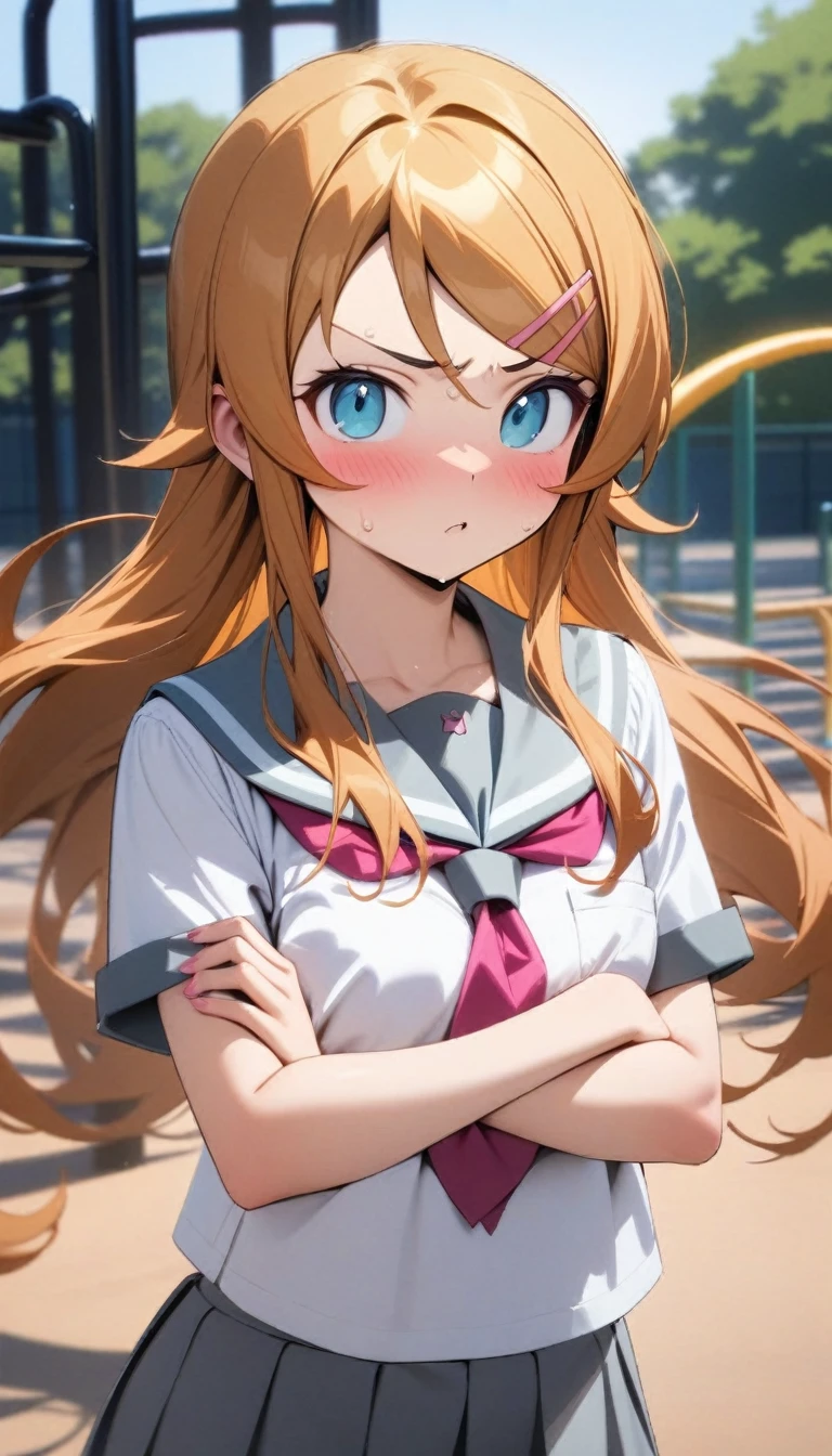 masterpiece, best quality, very aesthetic, absurdres, newest,,kousaka_kirino ,ore no imouto ga konna ni kawaii wake ga nai,1girl,crossed arms,orange hair|brown hair,long hair,floating hair,shiny hair,blue eyes|aqua eyes,(pink hairclip),badmood,white shirt,(gray sailor collar|blue sailor collar),red ascot,,in a playground