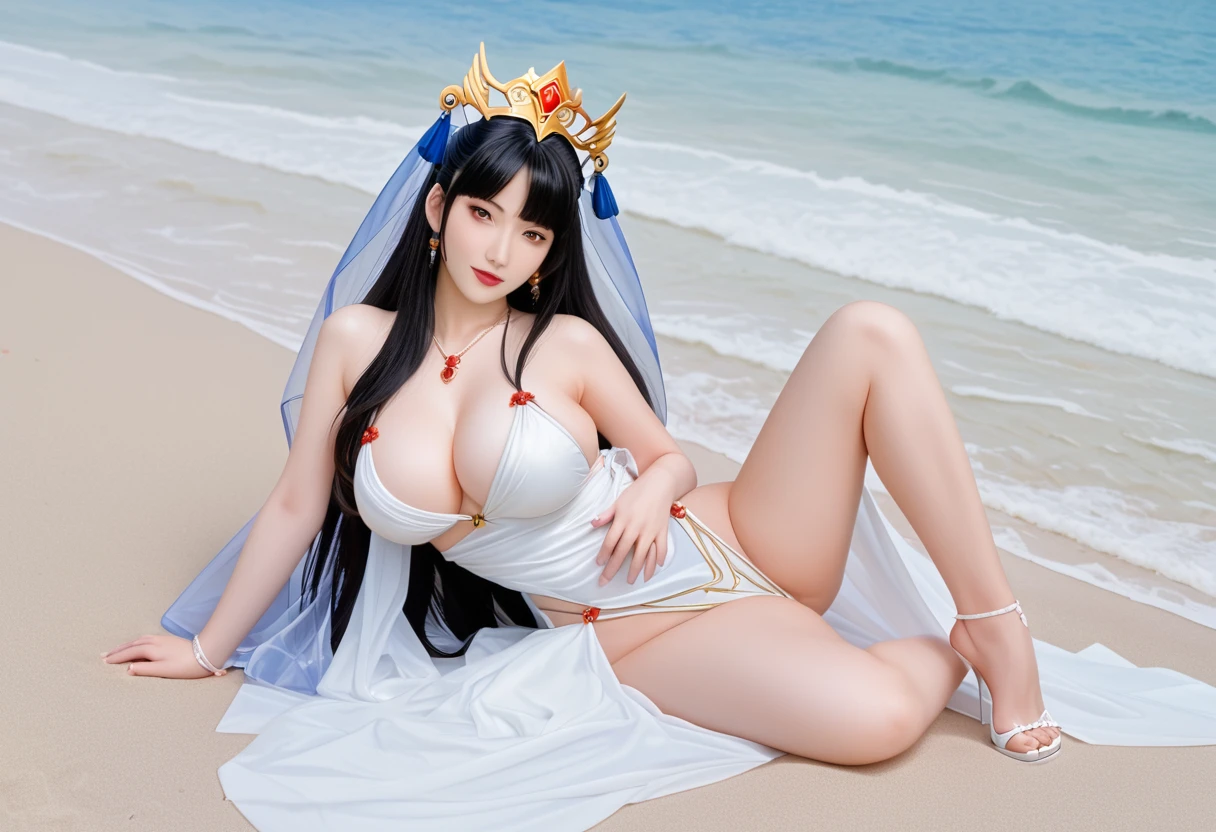 there is a woman in a white dress posing on the beach, a beautiful fantasy empress, trending on cgstation, japanese goddess, beautiful fantasy maiden, guweiz, chinese fantasy, beautiful maiden, by Victor Wang, beautiful goddess, ruan jia and artgerm, by Yang J, gorgeous chinese model, beautiful alluring anime woman