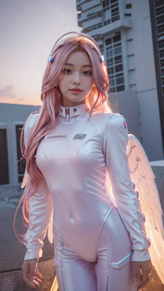 ((masterpiece, best quality, extremely detailed), volumetric lighting, ambient occlusion, colorful, glowing), 
1girl, solo, young girl, (pink hair), long hair, halo, aura, sacred, godness, cyber suit, (white outfit:1.3), android, bot, angel wings,
outdoors, sunset, sky, clouds, space, (cyberpunk theme:1.2),