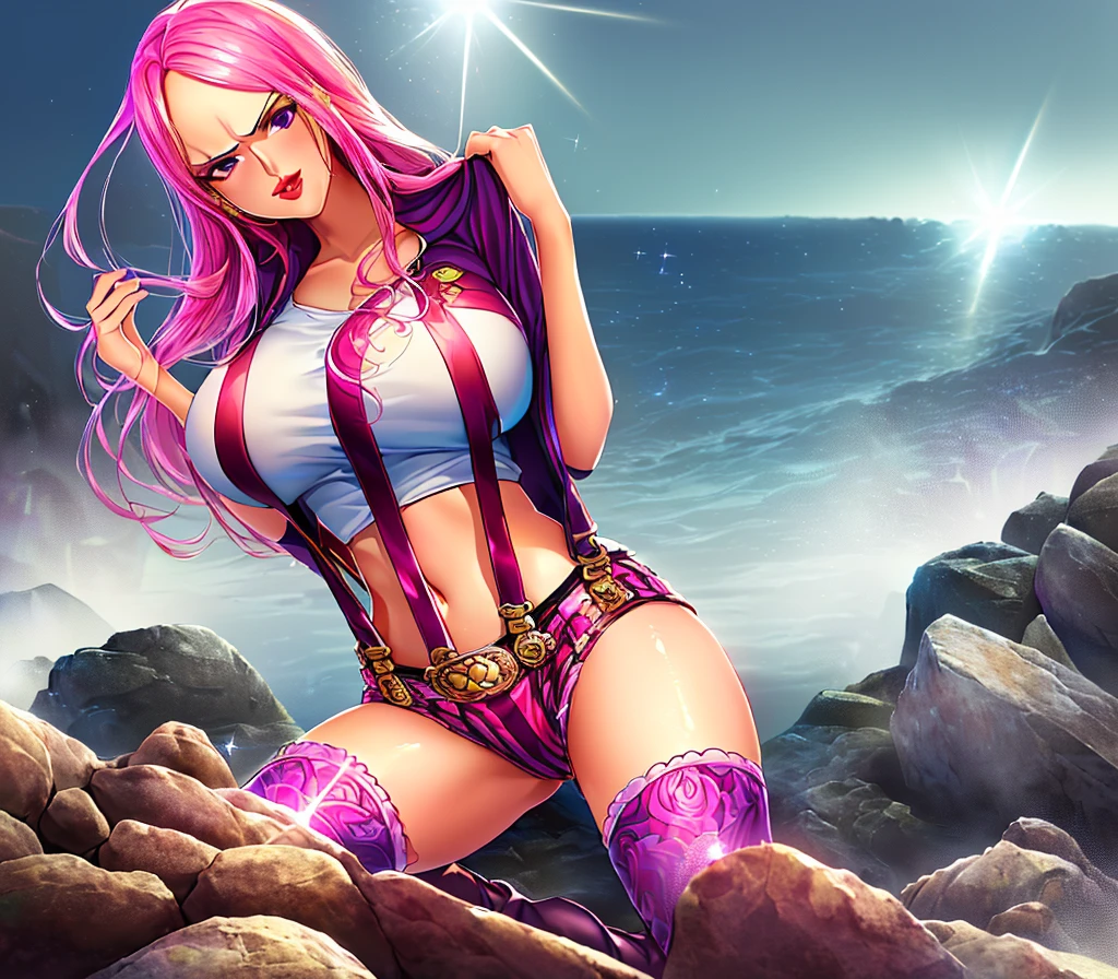 SEXY GIRL IN A PROVOCATIVE POSE, CUTE SEMI-NAKED GIRL, ((top quality, 8k, masterpiece:1.3)), Detailed eye, (looking from the front), looks at the camera, ((Everything is sparkling、light-reflecting:1.2)), (Best ratio: 4 fingers, 1 thumb), (portrait), (((Jewelry Bonney from One Piece))), JewelryBonneyV2, half body shot, 1girl, only, pretty face, long hair, pink hair, a, ((thin girl, big breasts, hyper detailed lips)), red lips, (thigh highs, shorts, suspenders, boots, purple eyes), navel, diaphragm, crop top, belt , suspender shorts, intricate detailed background, barren land, rocks, ocean, natural environment, Contrast, Nervous, blush,