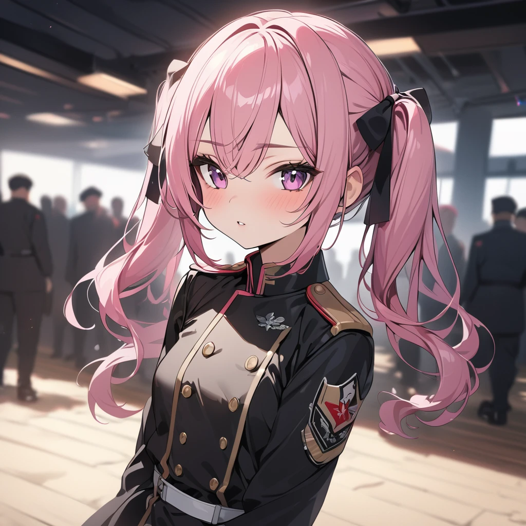 High quality, HD, 4k, Beautiful girl, pink hair, twintailed, small breast, black military uniform
