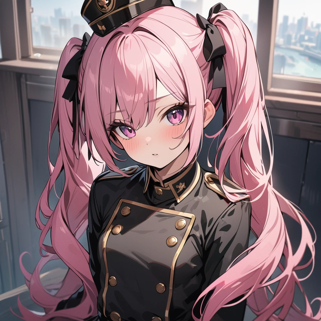 High quality, HD, 4k, Beautiful girl, pink hair, twintailed, small breast, black military uniform