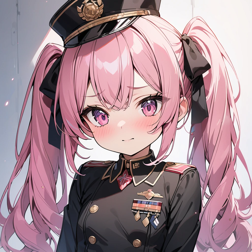 High quality, HD, 4k, Beautiful girl, pink hair, twintailed, small breast, black military uniform
