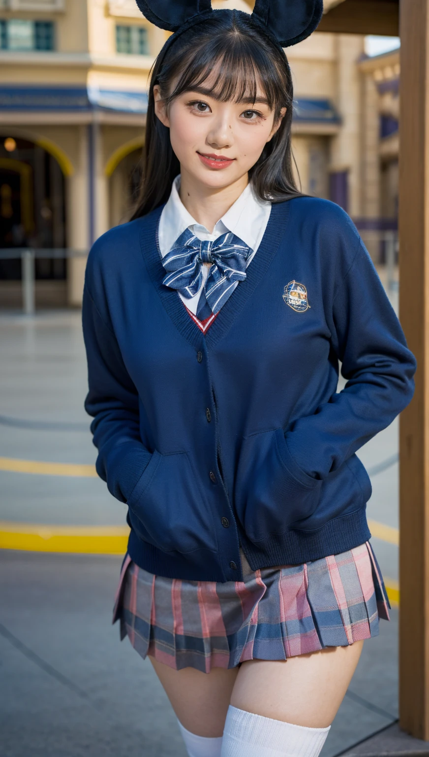 (photorealistic:1.4), best quality, masterpiece, raw 32k photo, (extremely detailed japanese beautiful girl), (extremely detailed eyes:1.2),(baby face), (cute face:1.2), ultra-detailed, ultra high res, amazing, BREAK,standing,
(school uniform:1.5),detailed school girl, (disneyland:1.4), beautiful detailed girl, bangs, cute face, miniskirt,(baggysocks)