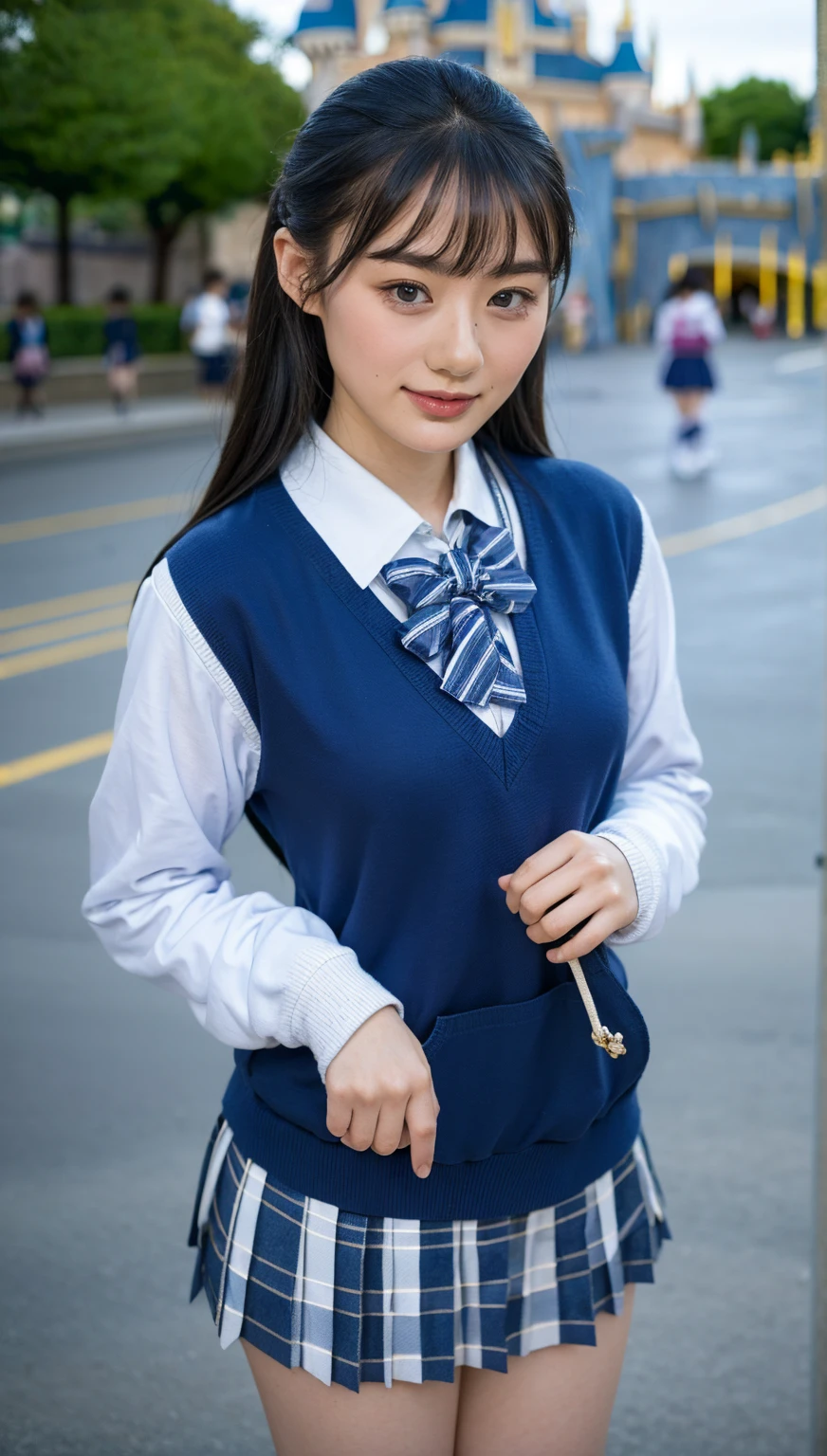 (photorealistic:1.4), best quality, masterpiece, raw 32k photo, (extremely detailed japanese beautiful girl), (extremely detailed eyes:1.2),(), (cute face:1.2), ultra-detailed, ultra high res, amazing, BREAK,standing,
(school uniform:1.5),detailed school girl, (disneyland:1.4), beautiful detailed girl, bangs, cute face, miniskirt,(baggysocks)