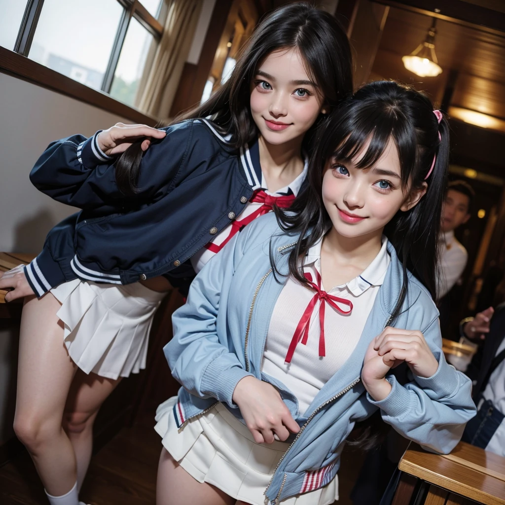 best quality，8K，smile，ribbon on uniform，mini skirt，high school girl，multiple girls are depicted，Harem，track jacket，photo shoot，long hair，highest quality，big breasts，happy girl,horny girl，blue eyes，perfect face，standing position，I have my hands in my pockets，Gravure idol,model,letting down one&#39;s bangs,smooth hair，purple hair，hyper real stick,naughty girl，beautiful girl，beautiful girl，loose socks