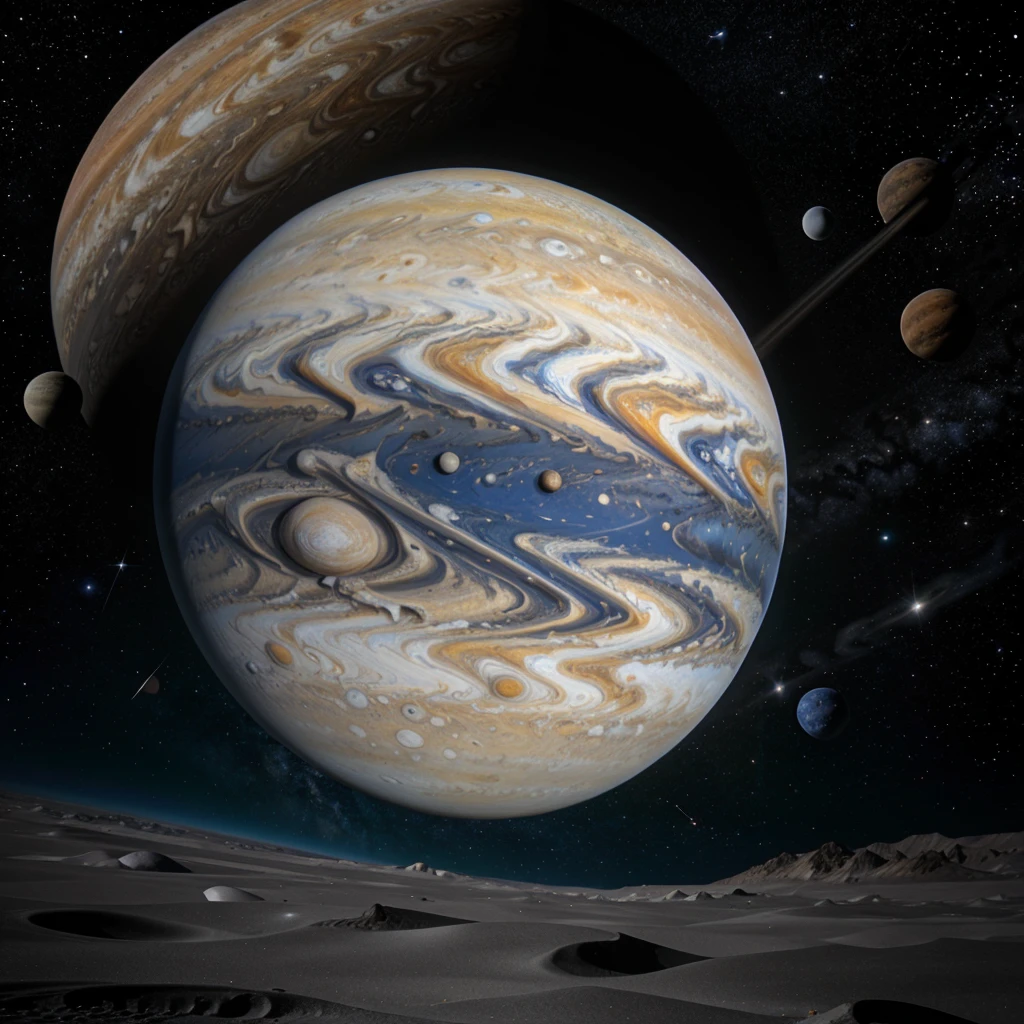 Space where there are many planets, Jupiter, Earth, a small moon near the earth