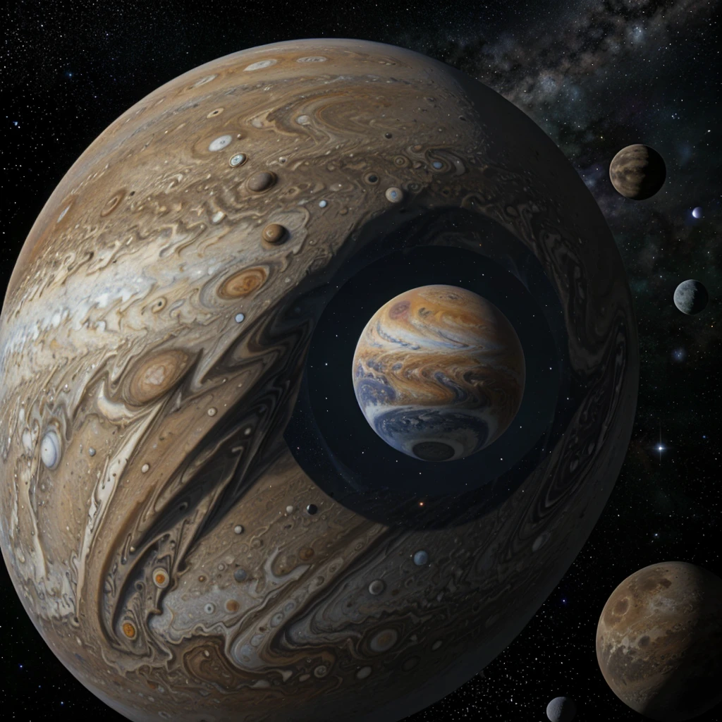 Space where there are many planets, Jupiter, Earth, a small moon near the earth