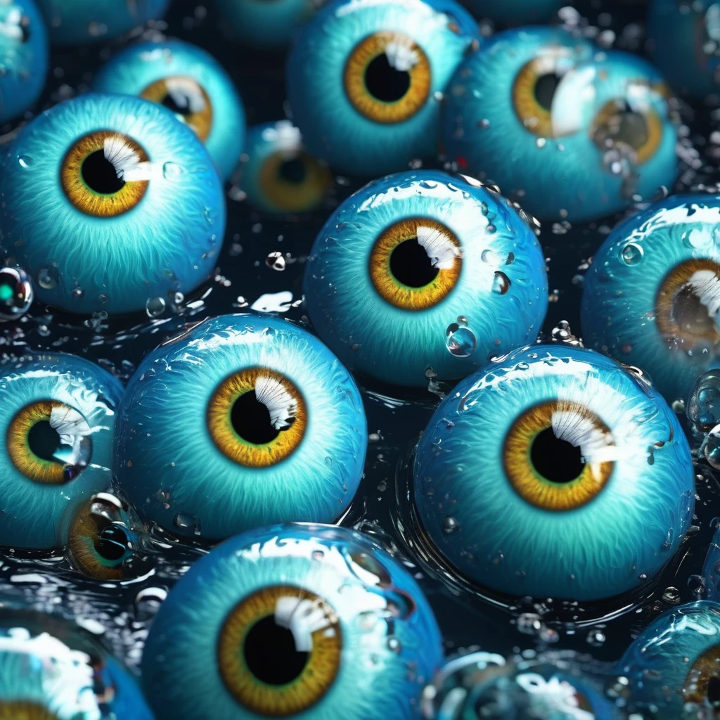 a detailed ((rolling eyeballs)) in a , cosmic watery dimension using crystal clear effect , ((wet effect)) , shimmering vibrant , blackpitch background using hd , 32k high resolution, clear grahpic , high quality image in 32k resolution.