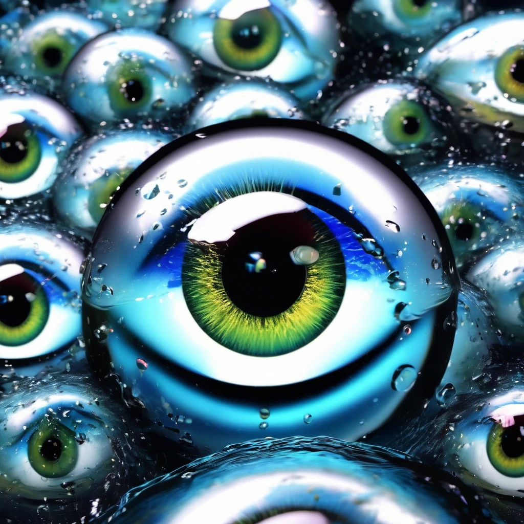 a detailed ((rolling eyeballs)) in a , cosmic watery dimension using crystal clear effect , ((wet effect)) , shimmering vibrant , blackpitch background using hd , 32k high resolution, clear grahpic , high quality image in 32k resolution.