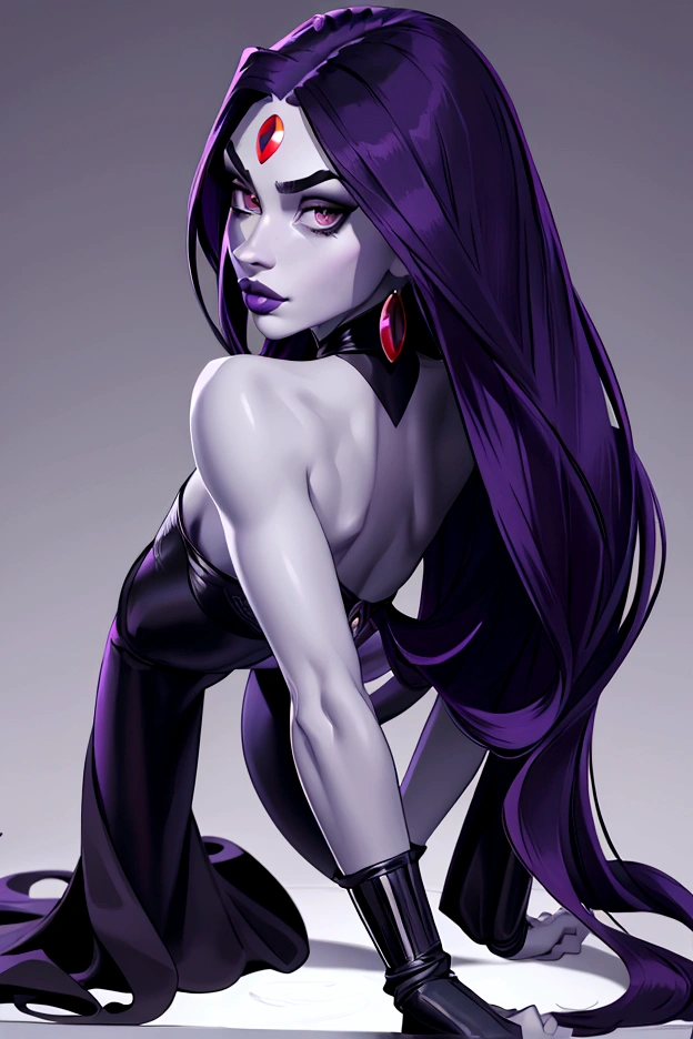 Raven, Teen Titans Raven, on all fours, slender slim body, skinny waist, arched back, pale grey skin, red gemstone in the centre of her forehead, looking at viewer, seductive, (realistic), (masterpiece), (highly detailed face), thick eyebrows, big juicy purple lips, lip filler, cheekbones, defined face, sharp nose, attractive