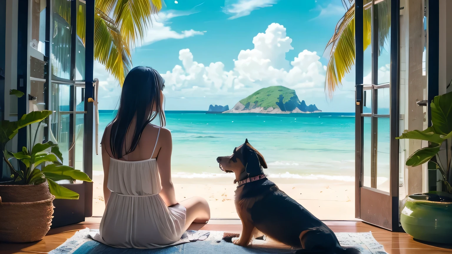 A dreamy digital artwork of a young girl and her loyal dog gazing out at the vast ocean on a sun-kissed beach, set against the stunning backdrop of a tropical coastal landscape, inspired by the whimsical style of Igor Grabar, featuring soft brushstrokes and delicate textures, with a color palette of calming blues and creamy whites, infused with a sense of serenity and joy, evoking a cinematic feel, as if captured in a tranquil summer afternoon, surrounded by lush greenery and wispy clouds, with subtle hints of sea salt and sunsh