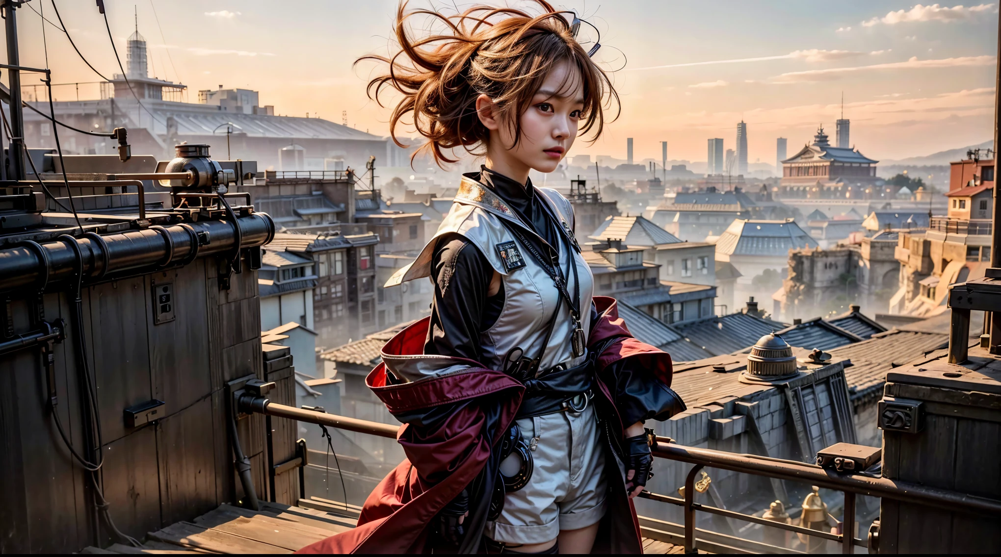 Dystopian night scene, very intricate details, Japanese woman wearing model-like armor, beautiful face, legs, cylinders that look like muscles, pose in motion, 8k, ultra high resolution, super realism, realistic photo, taken with Fuji film X-T30.+Nokton. HDR10