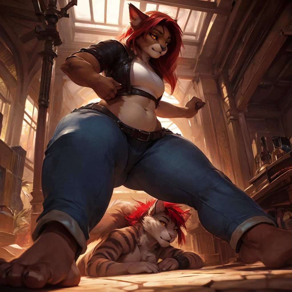 sexy female anthro, feline, red hair, yellow eyes, full body, 8k, film, masterpiece quality, semi realistic, high detail, hyper butt, cropped jeans, bare feet, low angle, from behind, from below, by darkgem, by kamicheetah, 