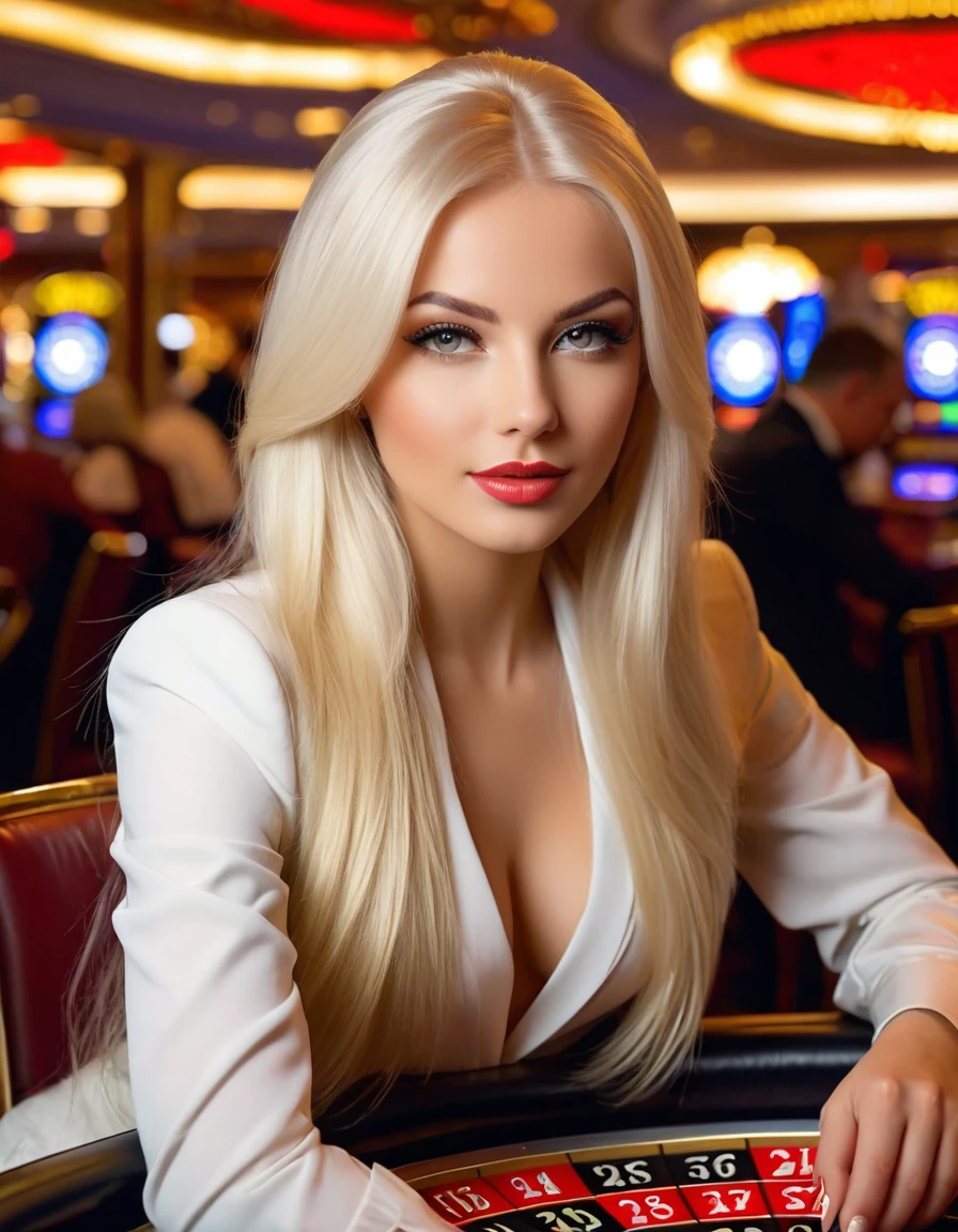 very attractive 25 year old girl with long platinum blonde hair, ((best quality)), ((masterpiece)), (detailed), glammed up at the casino table, renatadaninsky